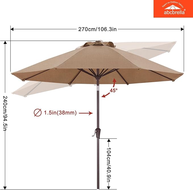 ABCCANOPY OLEFIN® 5-Year No Fading 9FT Patio Umbrella, Outdoor Table Umbrella with 8 Sturdy Ribs for Deck, Backyard, Picnic (Tan)