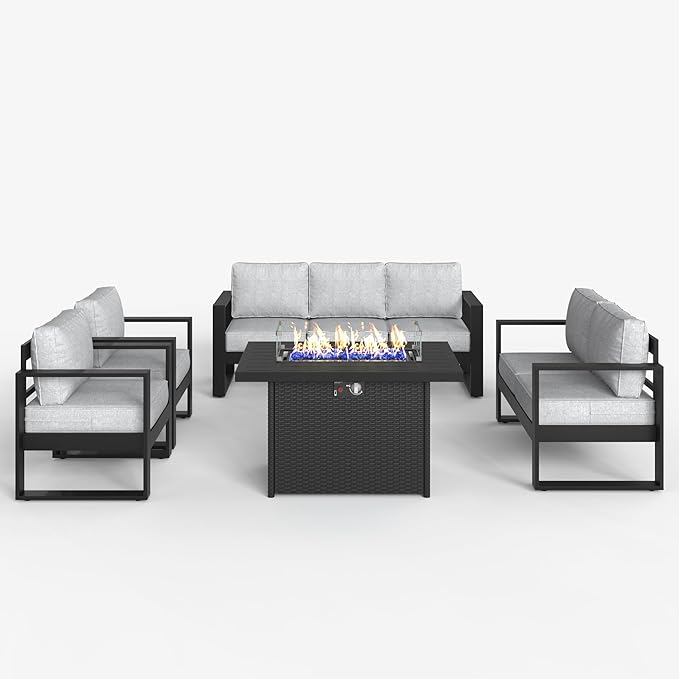 LayinSun 5 Pieces Aluminum Outdoor Patio Furniture Set, Metal Modern Conversation Sofa Set with Fire Pit Table and Washable Thick Cushions for Porch, Backyard, Deck