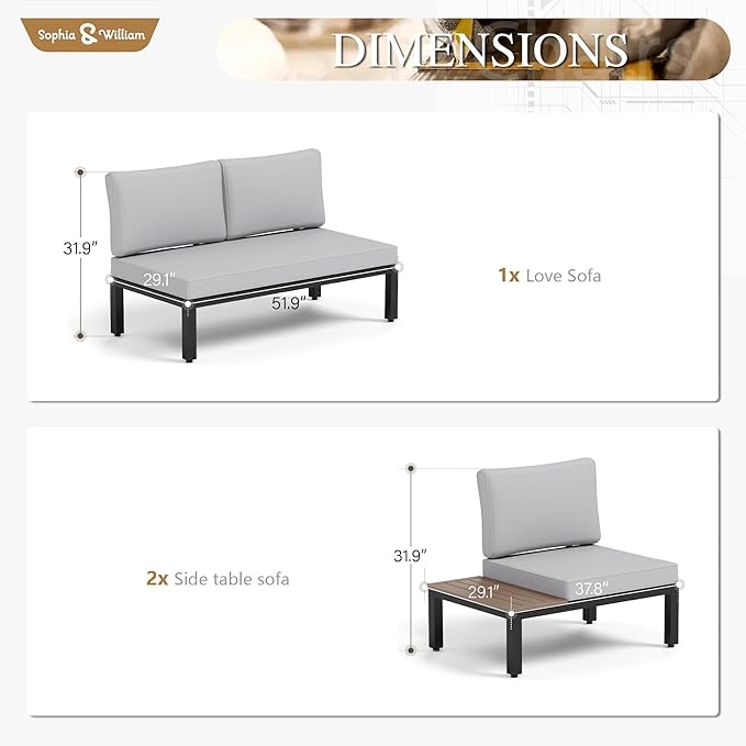 Sophia & William 3 Pieces Outdoor Patio Furniture Set, Metal Sectional Sofa Set Patio Conversation Set with Cushions-2 x Single Sofa with Side Table, 1 x Loveseat