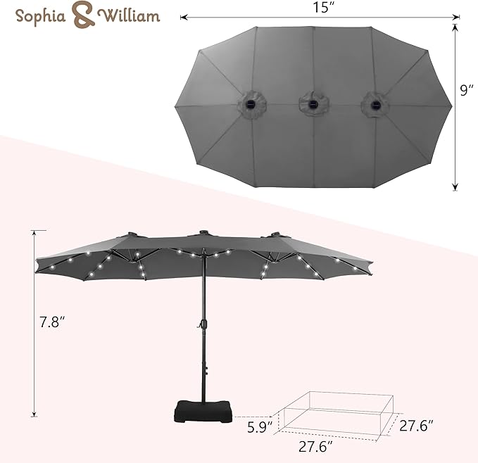 Sophia & William 15 ft Extra Large Patio Umbrella with Solar Lights, Rectangular Outdoor Umbrella with Base Included, Market Umbrella Double-sided Heavy Duty for Pool Garden Backyard, Smoky Gray