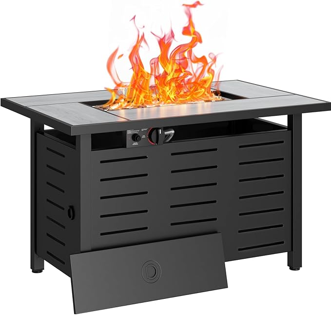 Aoxun 42" Propane Fire Pit Table Ceramic Top, 60000 BTU Outdoor Patio Heater with Lava Rocks, Rectangle Gas Fire Pits for Outside Patio with Removable Lid, Black