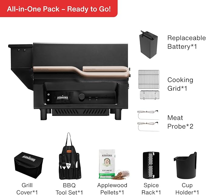ASMOKE Essential Full Grilling Combo - Smart Portable Wood Pellet Grill & Smoker with 5" LCD Screen, 8-in-1 Grill, 8H Battery, Effortless Cleaning, Wi-Fi Smart Control,271 sq.in, Fit for Family BBQ
