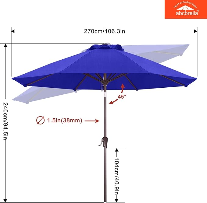 ABCCANOPY OLEFIN® 5-Year No Fading 9FT Patio Umbrella, Outdoor Table Umbrella with 8 Sturdy Ribs for Deck, Backyard, Yard (Deep Blue)