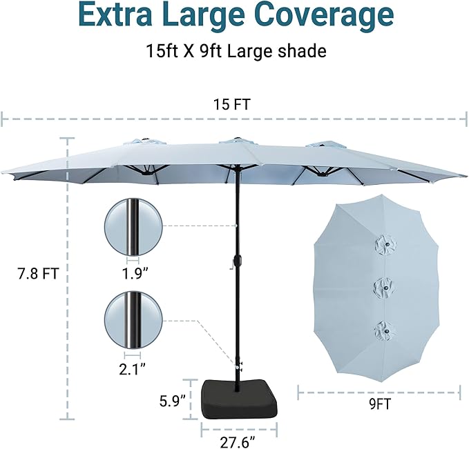 Bigroof 15ft x 9ft Patio Double-Sided Umbrella with Base & Crank, Extra Large Rectangular Outdoor Umbrella for Patio, Lawn & Garden, Beige