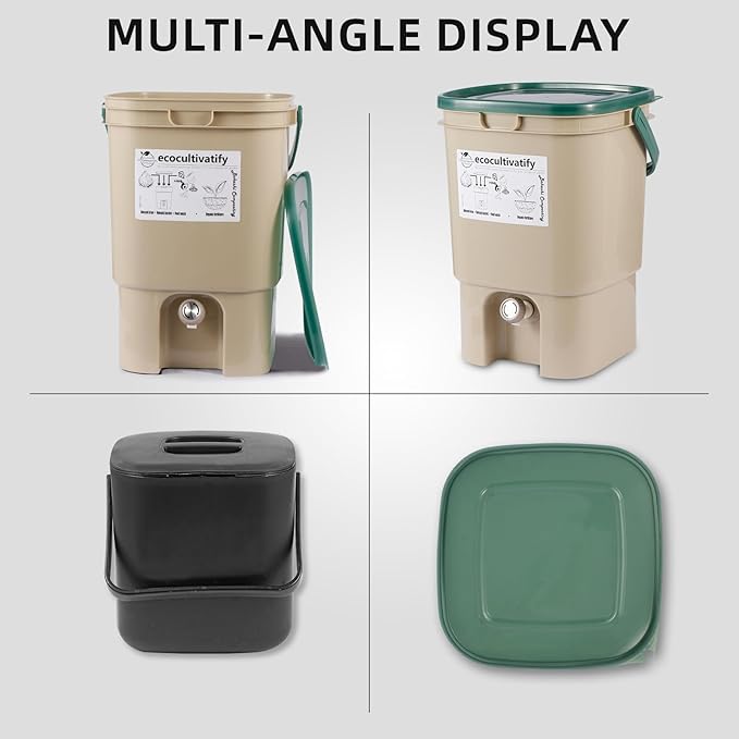 20L Bokashi Bucket with Air Sealing Lid, 5 Gallon Compost Bin, Kitchen Composter with Bran, Kitchen Compost Pail, ecocultivatify Bokashi Kit Set with Starter (Tan & Dark Green)