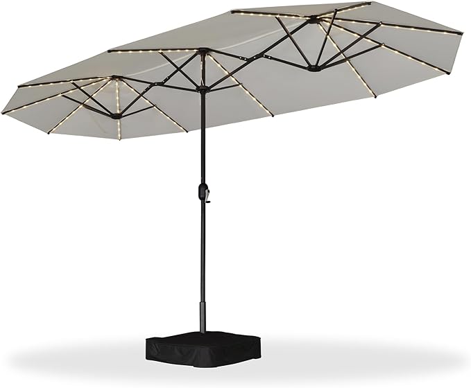 PURPLE LEAF 13ft Patio Market Umbrella with Solar LED and Base Double-Sided Rectangle Outdoor Table Sun Umbrellas with Crank for Pool Beach Deck Backyard Cream