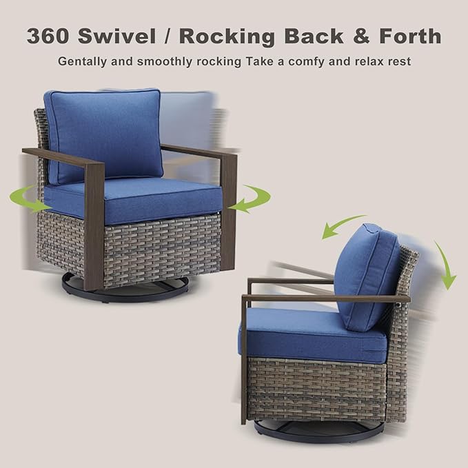 Rilyson Outdoor Wicker Patio Furniture Set - 4 Piece Patio Conversation Set with 2 Wicker Swivel Rocker Chairs,2 Rattan Ottoman, Thick Cushions, Deep Seating, Wide Armrest(Mixed Grey/Blue)