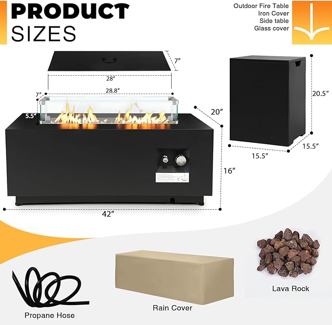 Outdoor Propane Fire Pit Table, 42inch Natural Gas Fire Pits for Outside Patio Rectangular Iron Firepit with Tank Cover, Wind Guard, Steel Lid, Rain Cover, 50,000 BTU Fire Table (Black)