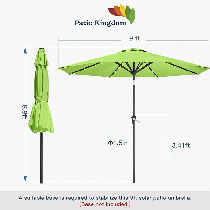 9FT Solar Umbrella 32 LED Lighted Patio Umbrella Table Market Umbrella w/Tilt and Crank, UV-Resistant Outdoor Umbrella for Pool, Garden, Deck, Apple Green