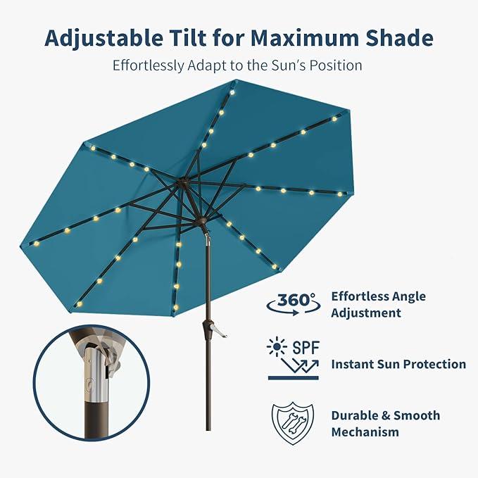 9FT Solar Umbrella 32 LED Lighted Patio Umbrella Table Market Umbrella w/Tilt and Crank, UV-Resistant Outdoor Umbrella for Pool, Garden, Deck, Lake Blue