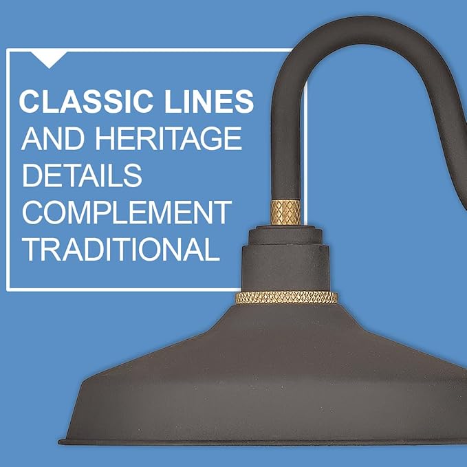 Hinkley Foundry Classic Large Tall Gooseneck Barn Light - Aluminum, Dark Sky Compliant, Industrial, 27" Extension, 16" Shade - Textured Black Finish with Brass Accent
