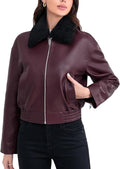 Leather Jacket Women,Cropped Lambskin Bomber Jacket,Removable Sherpa Collar, Zip Front, Elasticized Hem