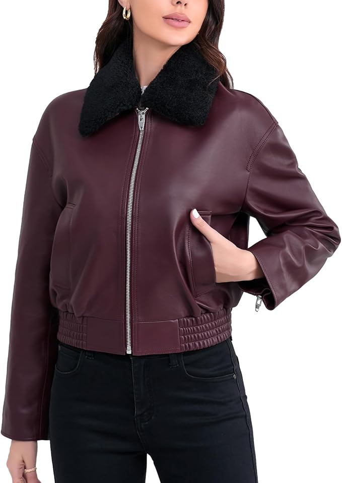 Leather Jacket Women,Cropped Lambskin Bomber Jacket,Removable Sherpa Collar, Zip Front, Elasticized Hem