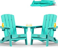 Folding Adirondack Chair 2 Pack, HDPE All-Weather Fire Pit Chairs, Plastic Adirondack Chairs with 2 Cup Holder, Outdoor Lawn Chair for Patio Garden - Lake Blue