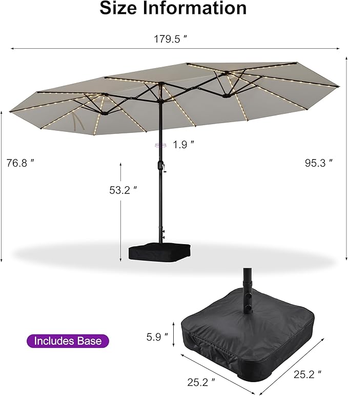 PURPLE LEAF 15ft Patio Market Umbrella with Solar LED and Base Double-Sided Rectangle Outdoor Table Sun Umbrellas with Crank for Pool Beach Deck Backyard Cream