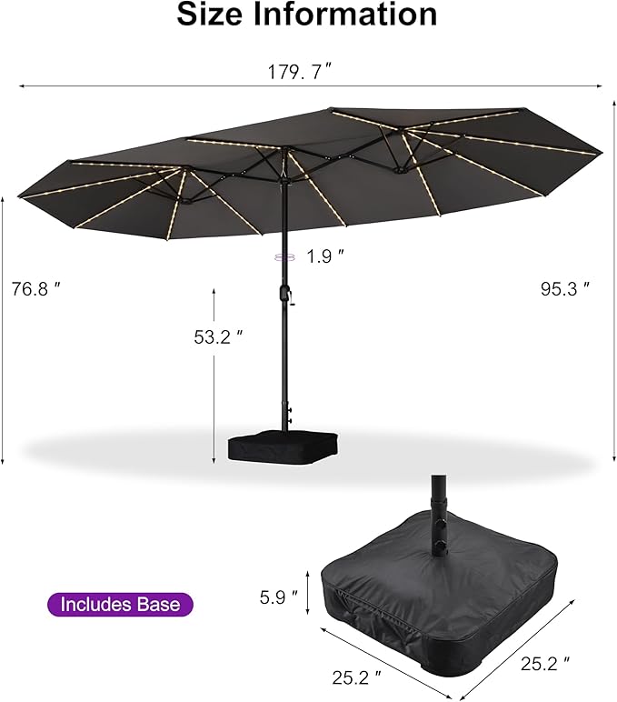 PURPLE LEAF 14ft Patio Market Umbrella with Solar LED and Base Double-Sided Rectangle Outdoor Table Sun Umbrellas with Crank for Pool Beach Deck Backyard Gray
