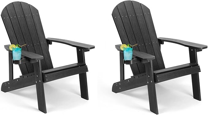 Adirondack Chairs Set of 2, All Weather Resistant Plastic Chairs with Cup Holder, 5 Easy Steps to Install, Outdoor Chairs for Patio, Garden, Backyard Deck, Lawn, Fire Pit - Black