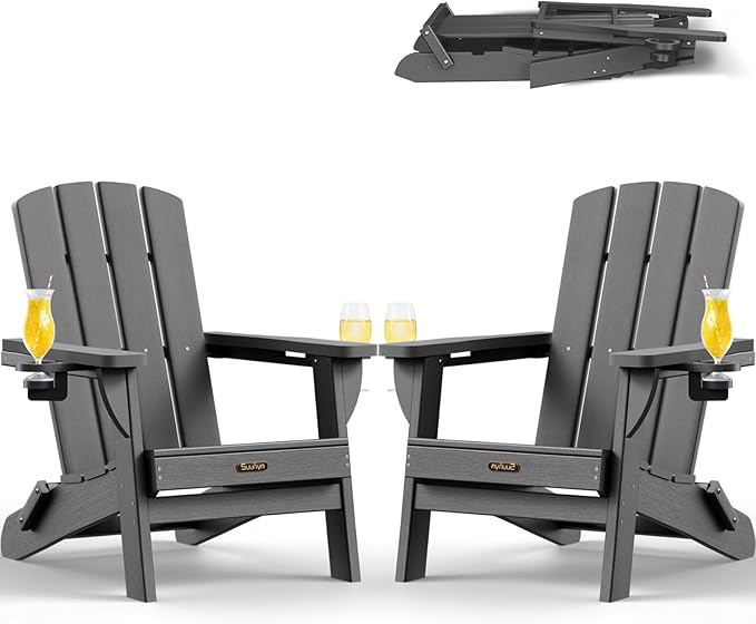 Folding Adirondack Chair 2 Pack, HDPE All-Weather Fire Pit Chairs, Plastic Adirondack Chairs with 2 Cup Holder, Outdoor Lawn Chair for Patio Garden (Grey)