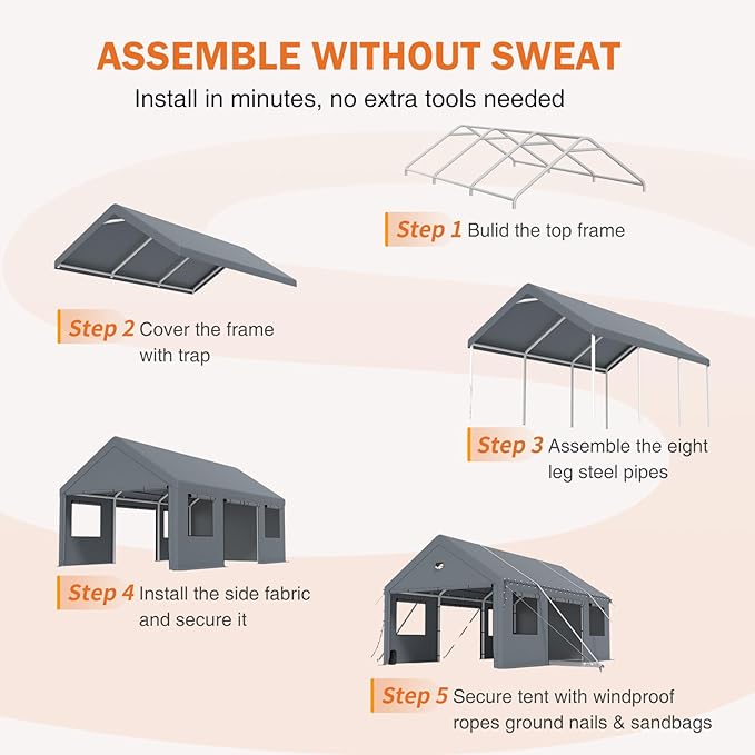 Carports 20X20 Heavy Duty，2 Car Carports with Side Doors，Portable Car Port Garage All Weather，Extra Large Outdoor Carport Canopy，Grey