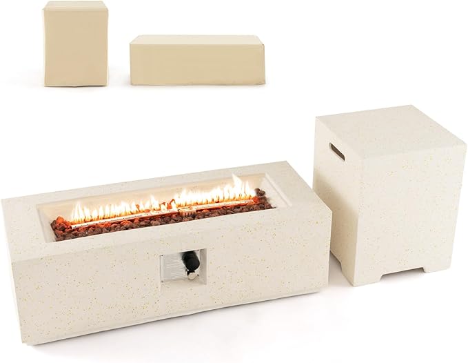 Tangkula 50,000 BTU Propane Fire Pit Table Set, 42” Terrazzo Fire Pit Table with Hideaway Tank Holder, Stainless Steel Burner, Protective Cover, Lava Rocks, Fit 20 lbs Tank