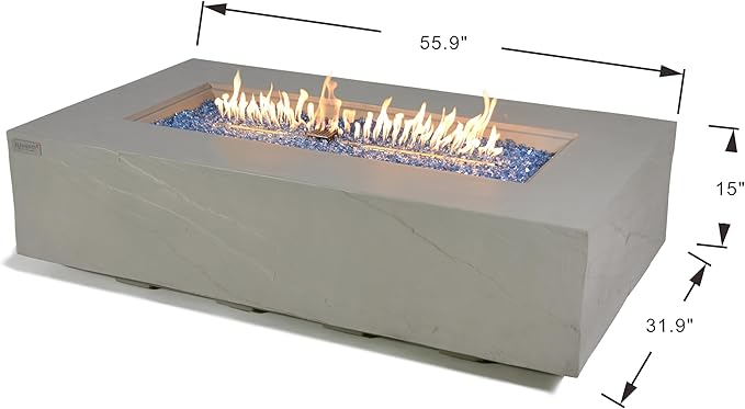 Elementi+ | Meteora Gas Fire Pit Cast Concrete 56" Rectangular Fire Table, Outdoor Fire Pit Electronic Ignition | Canvas Cover, Fire Glass and Burner Lid Included | Light Gray | Propane Gas