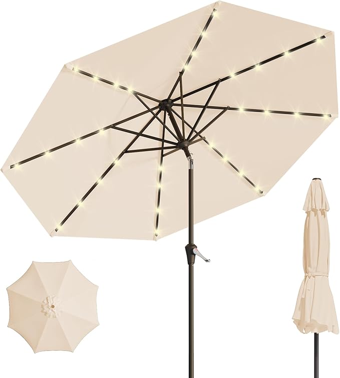 9FT Solar Umbrella 32 LED Lighted Patio Umbrella Table Market Umbrella w/Tilt and Crank, UV-Resistant Outdoor Umbrella for Pool, Garden, Deck, Beige