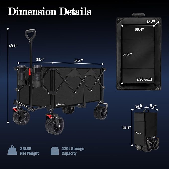 MOON LENCE Large Collapsible Foldable Wagon Cart, 220L Heavy Duty Folding Utility Wagon with All-Terrain Big Wheels, Suiitable for Garden, Grocery, Shopping, Camping, Beach, Picnics