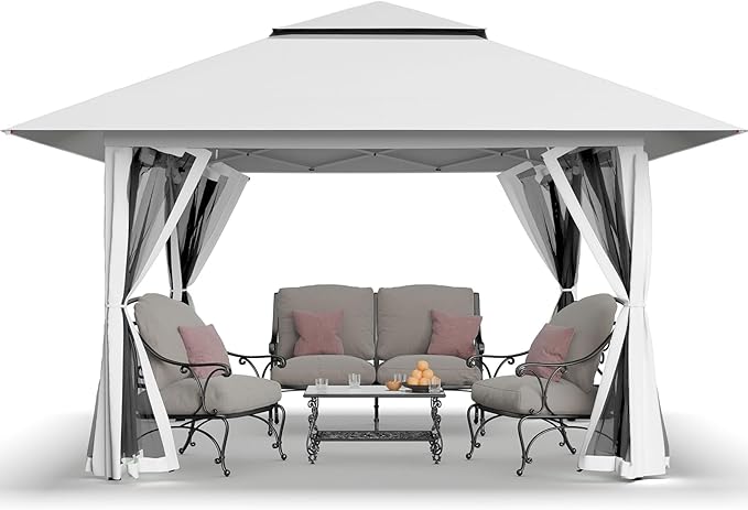 CROWN SHADES 13x13 Pop Up Gazebo, Canopy Tent, Gazebos on Clearance - Outdoor Gazebo for Backyard & Patio Furniture - Carpa Pop Up Tent with Wheeled STO-N-Go Cover Bag (White)