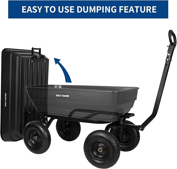 BILT HARD 1200 lbs 7 Cu Ft Poly Garden Dump Cart with 2-in-1 Convertible Handle, Quick Release, Dump Wagon Heavy Duty for Yard, Outdoor