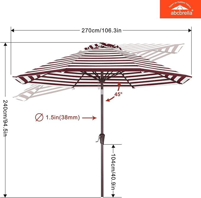 ABCCANOPY OLEFIN® 5-Year No Fading 9FT Patio Umbrella, Outdoor Table Umbrella with 8 Sturdy Ribs for Deck, Backyard, Yard (Burgundy Stripe)