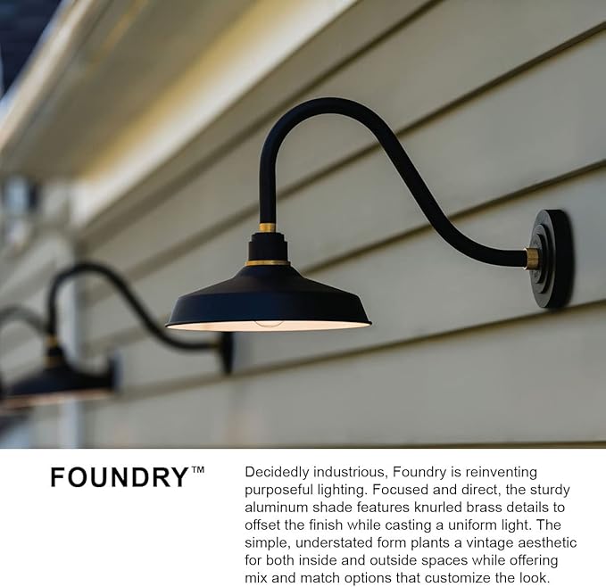 Hinkley Foundry Classic Large Tall Gooseneck Barn Light - Aluminum, Dark Sky Compliant, Industrial, 27" Extension, 16" Shade - Textured Black Finish with Brass Accent