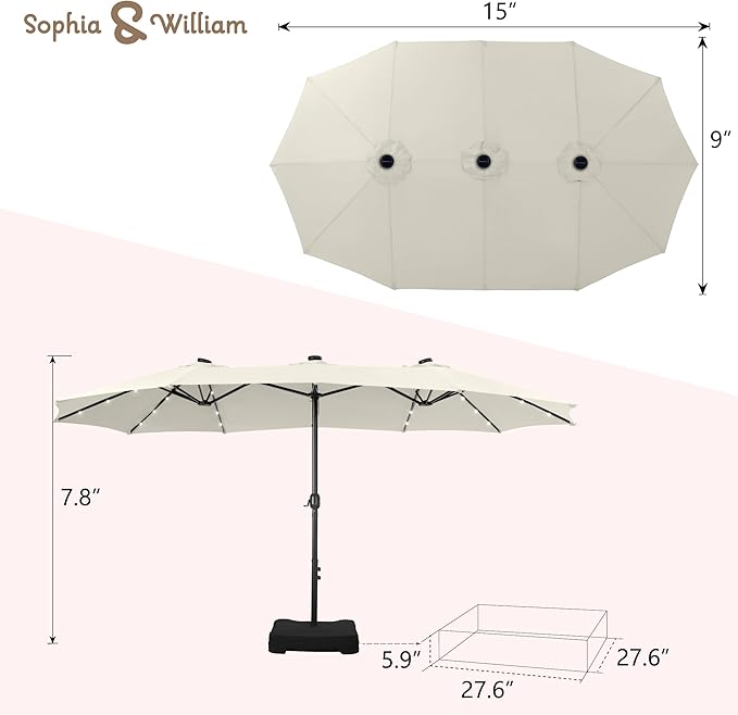 Sophia & William 15 ft Extra Large Patio Umbrella with Solar Lights, Rectangular Outdoor Umbrella with Base Included, Market Umbrella Double-sided Heavy Duty for Pool Garden Backyard, Ivory White