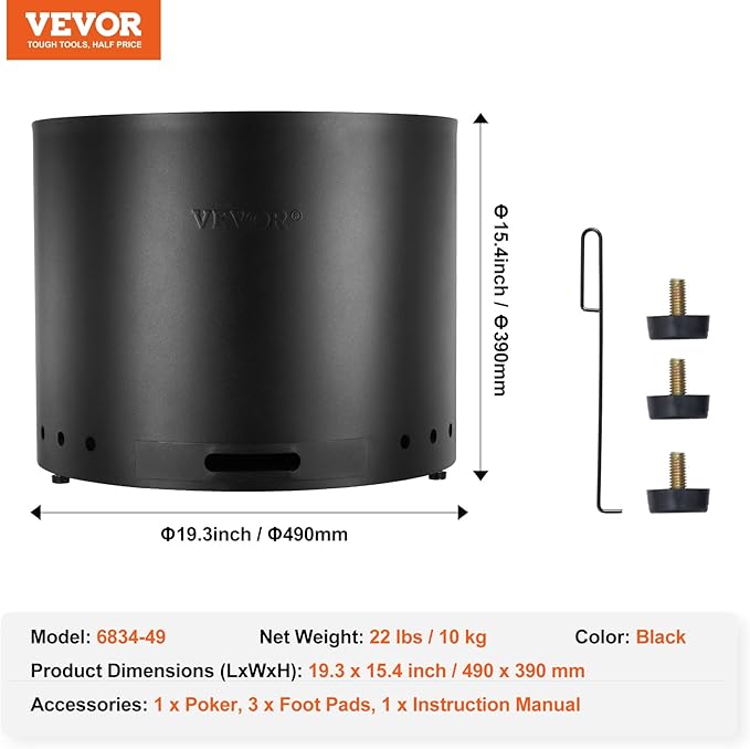 VEVOR 19.3 in Smokeless Fire Pit Stove Bonfire, Wood Burning Fireplaces with Removable Ash Pan, SUS430 Stainless Steel Inner Portable Outdoor Firepit, for Outdoor Patio Camping High 15.4 in