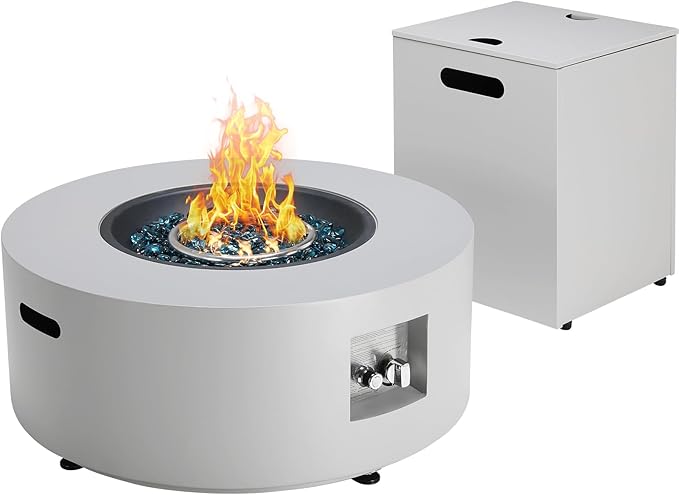 TLGREEN 30in Propane Fire Pit Table Set,2 in 1 Round Patio Table,50,000 BTU,Rain Cover,Outdoor Gas Firepit,304 Stainless Burner,Adjustable Legs, Blue Glass for Backyard, Garden,Pool,Balcony,light grey