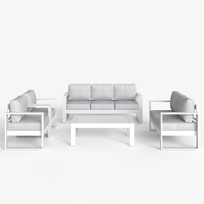 LayinSun 5 Pieces Aluminum Outdoor Patio Furniture Set, Metal Modern Conversation Sofa Set with Coffee Table and Washable Thick Cushions for Porch, Backyard, Deck
