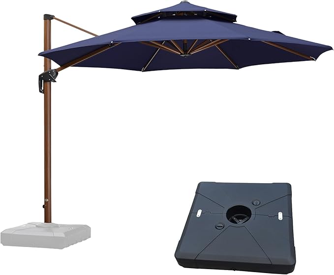 PURPLE LEAF Cantilever Umbrella with Base Outdoor Round Umbrellas Large Cantilever Parasol Windproof Offset Heavy Duty Sun Umbrellas for Garden Deck Pool Patio, 11ft Navy Blue