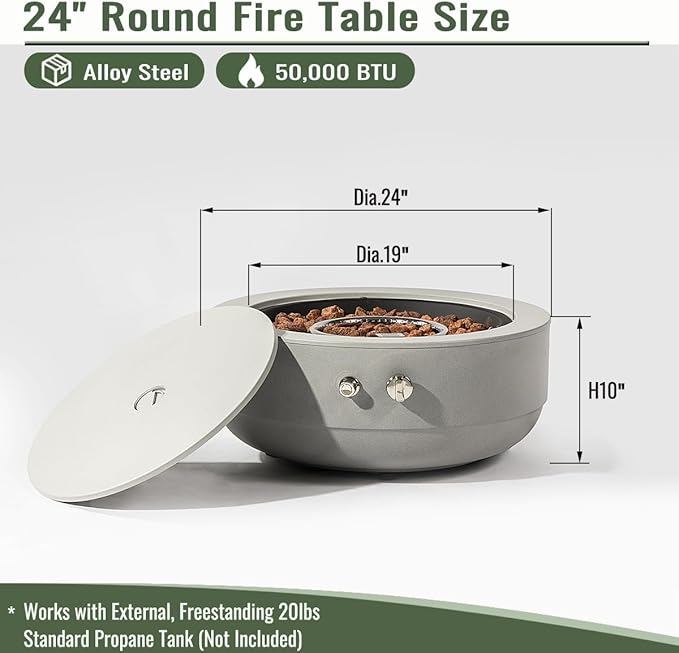 24" Round Propane Gas Fire Pit Bowl, 50,000 BTU Outdoor Gas Firepit Table Patio Burner with Steel Lid, Lava Rocks, Portable Design for Deck Backyard Garden Camping Party Use (Grey)