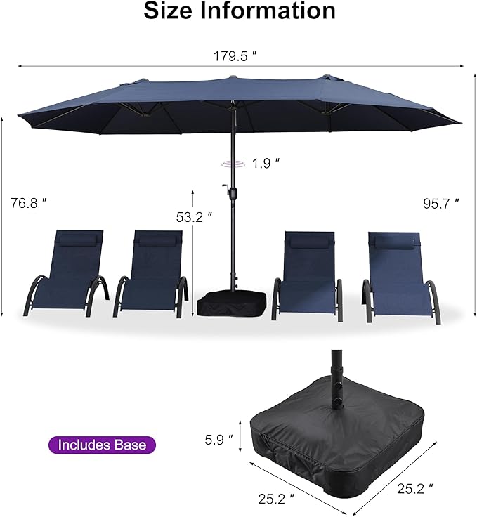 PURPLE LEAF 15ft Patio Market Umbrella with Base Double-Sided Rectangle Outdoor Table Sun Umbrellas with Crank 12 Heavy Duty Sturdy Ribs for Pool Beach Deck Backyard Navy Blue