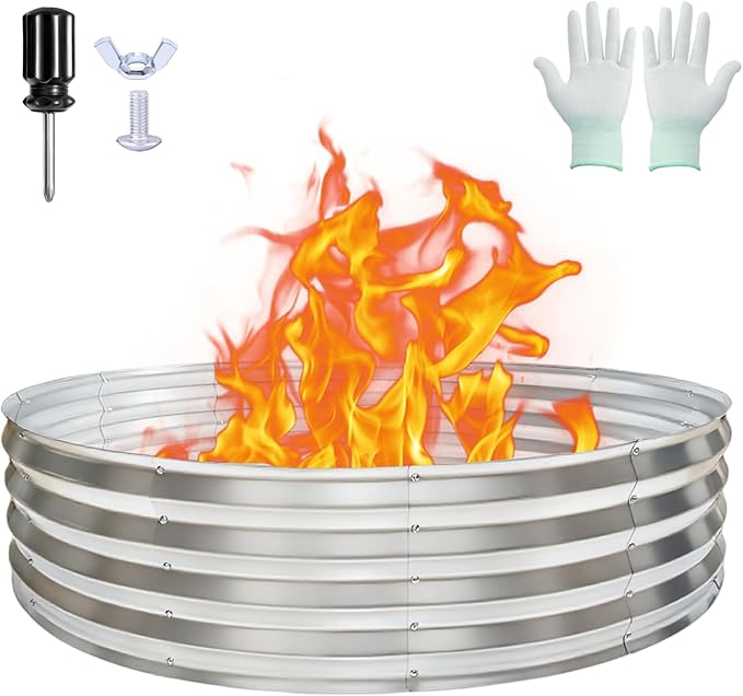 60 Inch Large Round Fire Pit Ring, Galvanized Steel Outdoor Bonfire Ring for Backyard & Camping, Sturdy, Rust-Proof & Easy to Install (5×5×1 FT)