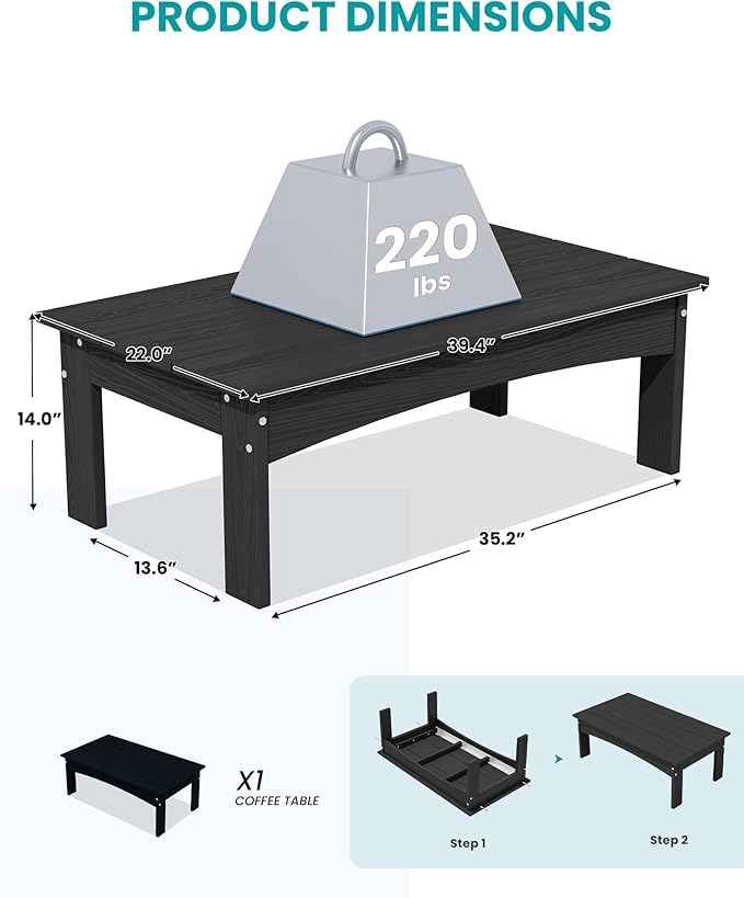 SERWALL HDPE Outdoor Coffee Table, All-Weather Patio Side Table, Durable Patio Furniture Table for Garden, Deck, Porch, Poolside, Black
