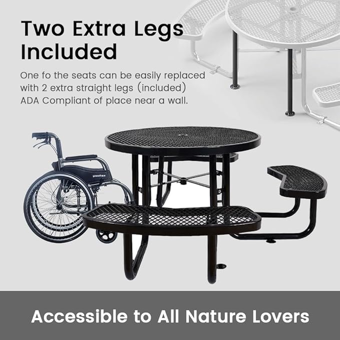 KUFUH 46" Round All Metal Picnic Table for 4-8 Person, Durable Heavy Duty Commercial Picnic Table with Umbrella Hole for Outdoor Coffee Shop, School, Easy to Assemble, Black