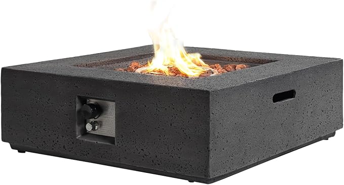 SUNBURY Outdoor Travertine Fire Pit Table, 35 inches Square Propane Gas Patio Fire Pit 50,000 BTU Concrete, Low Firepit Table with Lava Rocks, Waterproof Cover, Grey