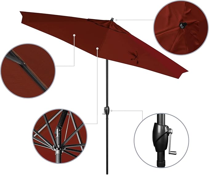 California Umbrella 9' Rd Aluminum Patio Umbrella, Crank Lift, Auto Tilt, Black Finish, Sunbrella Terracotta