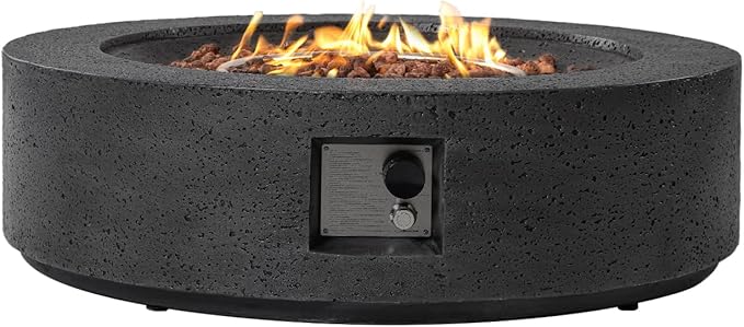 SUNBURY Outdoor Travertine Fire Pit Table, 42 inches Round Propane Gas Patio Fire Pit 50,000 BTU Concrete, Circular Base Firepit with Lava Rocks, Waterproof Cover (Grey)