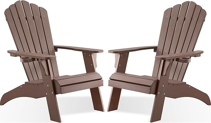 Psilvam Adirondack Chair, Oversized Poly Lumber Fire Pit Chair with Cup Holder, 350Lbs Support Patio Chairs for Garden, Weather Resistant Adirondack Chair Looks Like Real Wood (2, Brown)