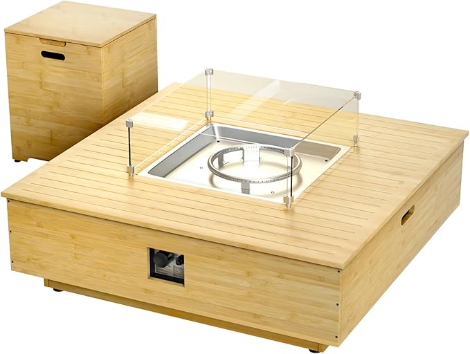43" Gas Fire Pit Table with Propane Tank Cover Table Wood Grain Design Square Includes Lava Rocks and Weatherproof Cover for Outdoor Patios Parties Garden 50,000 BTUs CSA Certified