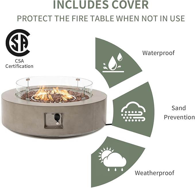 COSIEST Outdoor Propane Fire Pit Coffee Table w Gray 42 inch Round Base Patio Heater, Certified, 50,000 BTU Stainless Steel Burner, Wind Guard, Tank Outside, Free Lava Rocks, Waterproof Cover