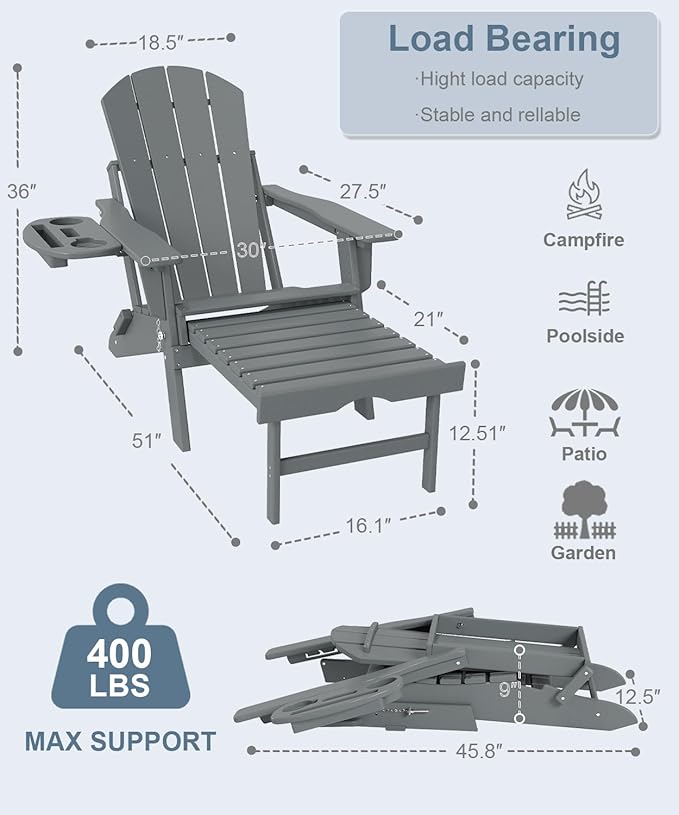 Adjustable Adirondack Chair with Retractable Ottoman Set of 2, HDPE Folding Adirondack Chair with Cup Holder, All Weather Fire Pit Chair for Outdoor.