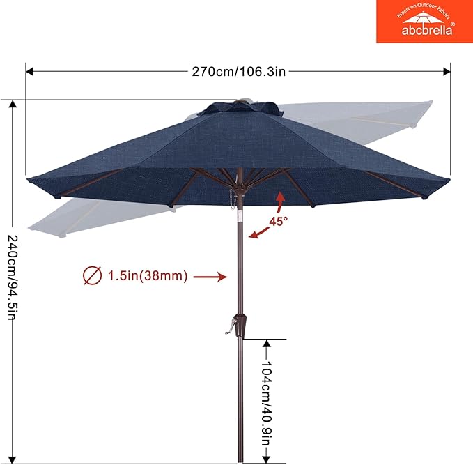 ABCCANOPY OLEFIN® 5-Year No Fading 9FT Patio Umbrella, Outdoor Table Umbrella with 8 Sturdy Ribs for Deck, Backyard, Yard (Navy)