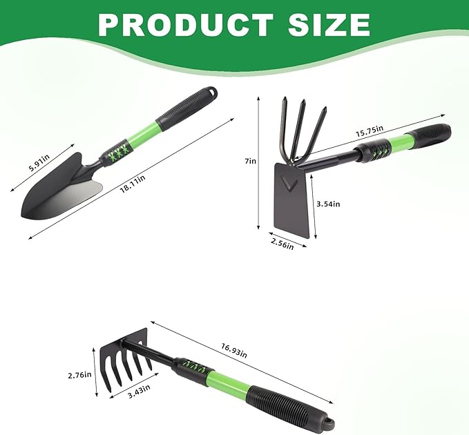 Garden Tool Set, 3 Pack Gardening Tools, Stainless Steel Heavy Duty Hand Cultivator, Hoes, Shovel, for Planting Weeding Digging, Green